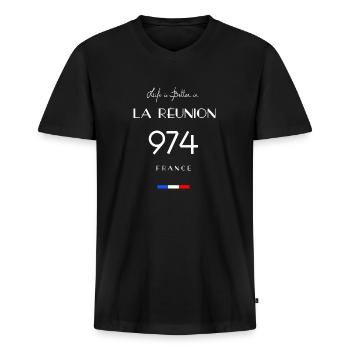 Life is better in LA RÉUNION Number 974 Outre-mer - T-shirt encolure en V Premium bio Homme - noir - Devant - Nico (187cm)