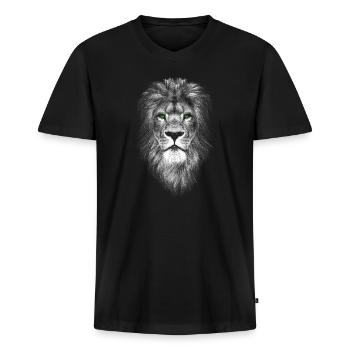 Cooler Löwe mit Grünen Augen - Stärke Mut Stolz - Männer Premium Bio T-Shirt mit V-Ausschnitt - Schwarz - Vorne - Nico (187cm)
