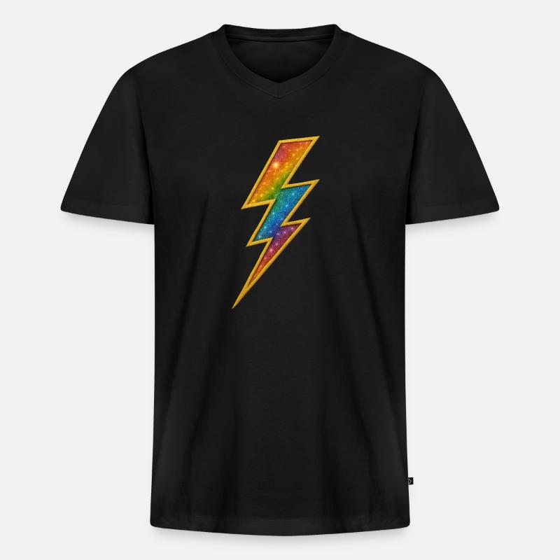 Regenbogen Blitz mit Goldrahmen - Männer Premium Bio T-Shirt mit V-Ausschnitt - Schwarz