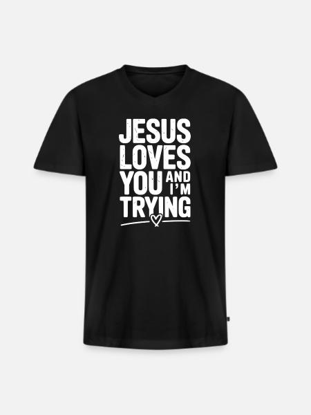 Jésus t’aime et j’essaie - T-shirt encolure en V Premium bio Homme - noir