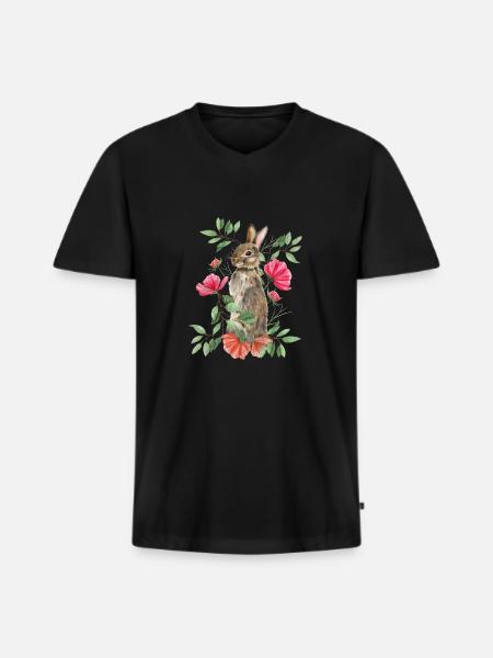 Rabbit with flowers - Men's Premium Organic T-shirt with V-neck - black