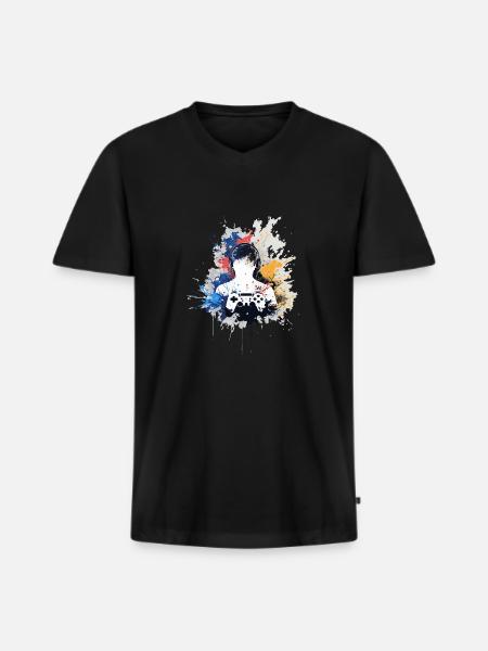 Gamer's Aquarell mit Gamepad - Männer Premium Bio T-Shirt mit V-Ausschnitt - Schwarz