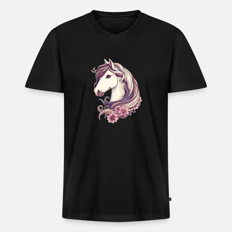 Pferd mit Blumen - Männer Premium Bio T-Shirt mit V-Ausschnitt - Schwarz