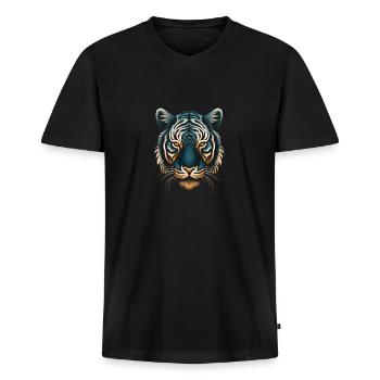 Captivating Op Art Tiger in Blue and Ochre - Men's Premium Organic T-shirt with V-neck - black - Front - Nico (187cm)