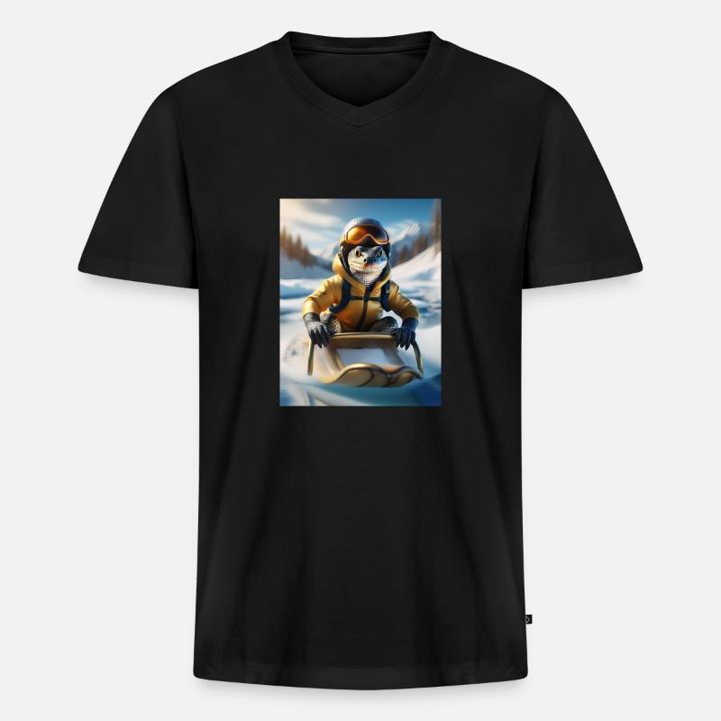 Eine Echse bei einer Schlittenfahrt - Männer Premium Bio T-Shirt mit V-Ausschnitt - Schwarz