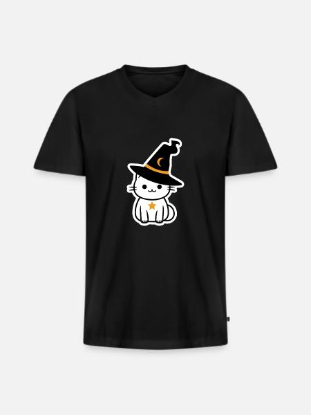Chat sorcière d'halloween - T-shirt encolure en V Premium bio Homme - noir