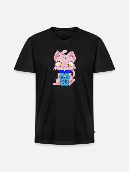 Cat with Fishbubble Tea - Men's Premium Organic T-shirt with V-neck - black