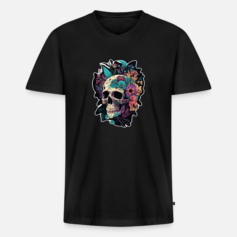 Menschlicher Schädel & Blumen 5 - Männer Premium Bio T-Shirt mit V-Ausschnitt - Schwarz
