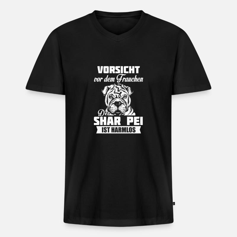 Vorsicht - Shar Pei - Männer Premium Bio T-Shirt mit V-Ausschnitt - Schwarz