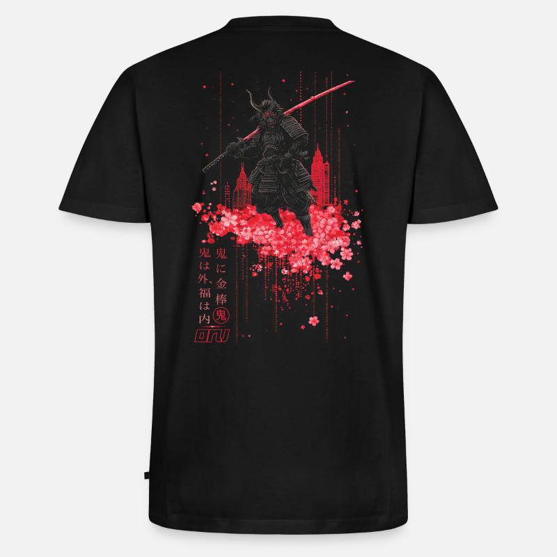 Oni - samurai mit Sakura Kirschblüten - Männer Premium Bio T-Shirt mit V-Ausschnitt - Schwarz