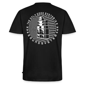 The only good system is a soundsystem tekno 23 - Männer Premium Bio T-Shirt mit V-Ausschnitt - Schwarz - Hinten - Nico (187cm)