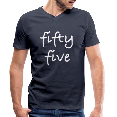 Fiftyfive -teksti valkoisena kahdessa rivissä - Stanley/Stella miesten V-aukkoinen luomu-t-paita