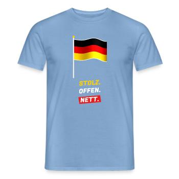 Stolz. Offen. Nett. - Fahne Schwarz Rot Gold - Männer T-Shirt - Carolina Blue - Vorne - AI Model Male 178 light (178cm)