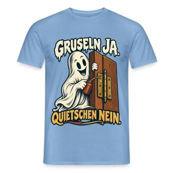 Geist ölt Tür – Gruseln ja Quietschen nein - Männer T-Shirt - Carolina Blue - Vorne - AI Model Male 178 light (178cm)