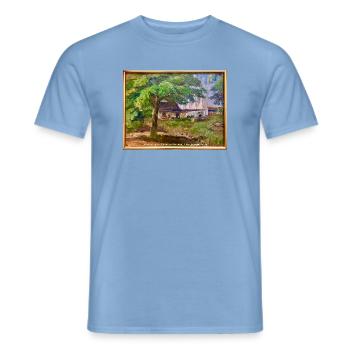 Kræsten Iversen "Bornholmer Räucherei" - Männer T-Shirt - Carolina Blue - Vorne - AI Model Male 178 light (178cm)