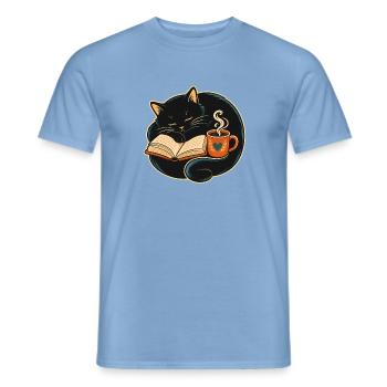 Schlafende Katze beim Lesen & Kaffee - Männer T-Shirt - Carolina Blue - Vorne - AI Model Male 178 light (178cm)
