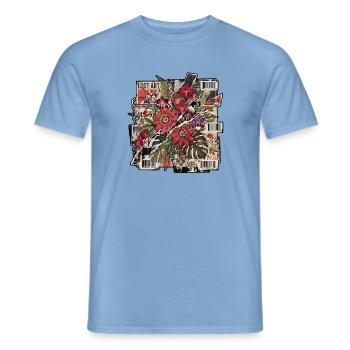 Sticker Collage Dschungelblüte - Männer T-Shirt - Carolina Blue - Vorne - AI Model Male 178 light (178cm)