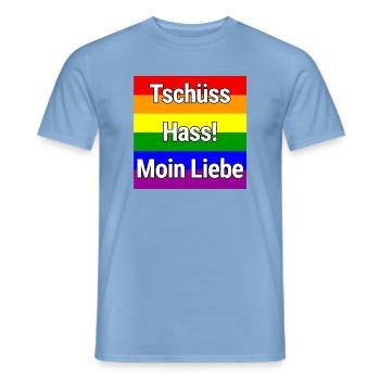 TSCHÜSS HASS MOIN LIEBE REGENBOGEN STATEMENT SHIRT - Männer T-Shirt - Carolina Blue - Vorne - AI Model Male 178 light (178cm)