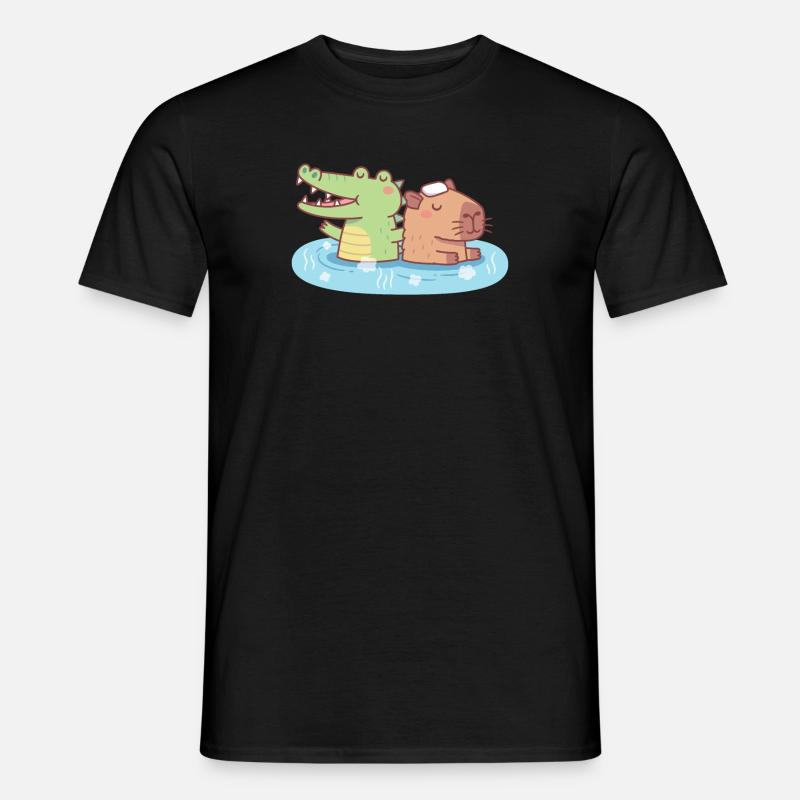 Mignon Capybara et crocodile se refroidissant dans une source chaude T-shirt homme