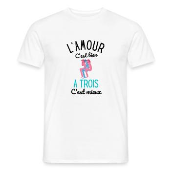 Humour : L'amour c'est Bien, À Trois c'est Mieux - T-shirt homme - blanc - Devant - AI Model Male 178 dark (178cm)
