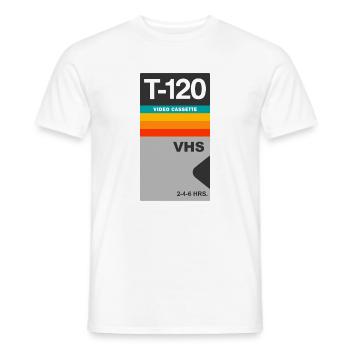 Autocollant rétro pour cassette vidéo VHS vintage T-120 - T-shirt homme - blanc - Devant - AI Model Male 178 dark (178cm)