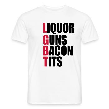 Liquor Guns Bacon & Tits - Men's T-Shirt - white - Front - AI Model Male 178 dark (178cm)