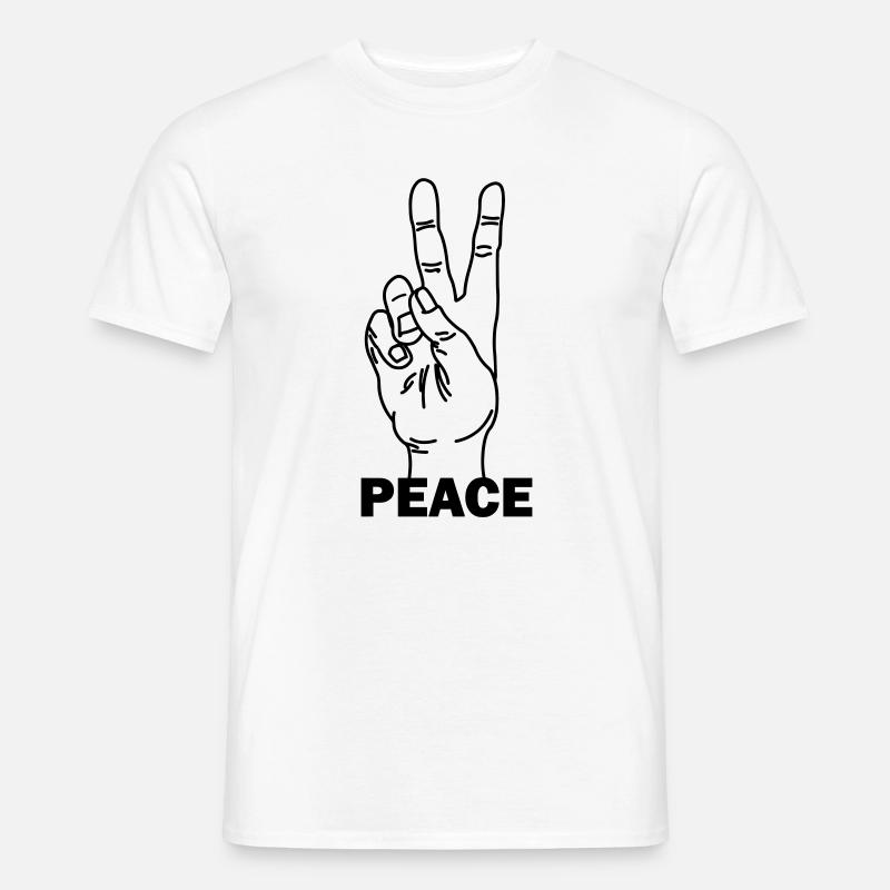 Handgeste Frieden mit Friedenstext - Männer T-Shirt - Weiß