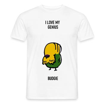 Hilarious funny image of big-brained budgie parrot - Men's T-Shirt - white - Front - AI Model Male 178 dark (178cm)