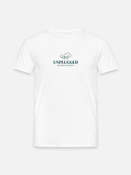 Minimalistisches Unplugged Zitat: Verlangsamen und Wiederverbinden - Männer T-Shirt - Weiß