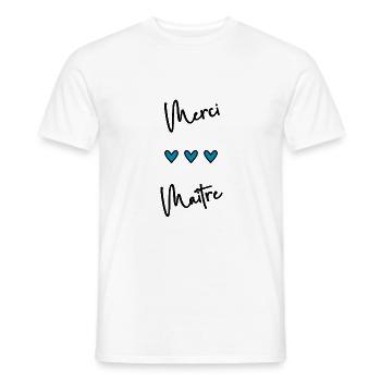 MERCI. THANKS. THANK YOU. ANNIVERSAIRE. NAISSANCE. - T-shirt homme - blanc - Devant - AI Model Male 178 dark (178cm)