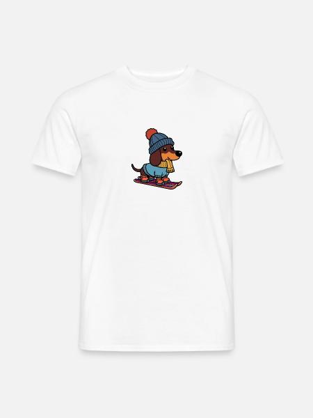 Winter Hund Dackel Mütze Schal Ski auf Skiern - Männer T-Shirt - Weiß