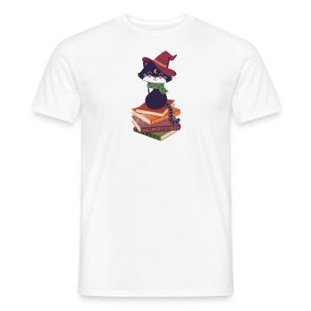 black cat on Halloween book pile - Men's T-Shirt - white - Front - AI Model Male 178 dark (178cm)