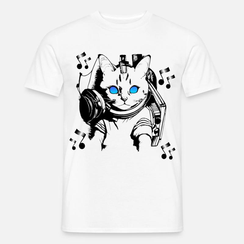 DJ Katze mit Kopfhörern - Männer T-Shirt - Weiß