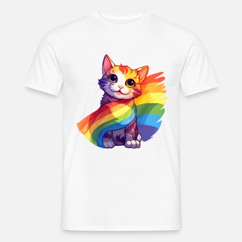 Pride Cat – Bunte Regenbogen-Katze mit Flagge - Männer T-Shirt - Weiß