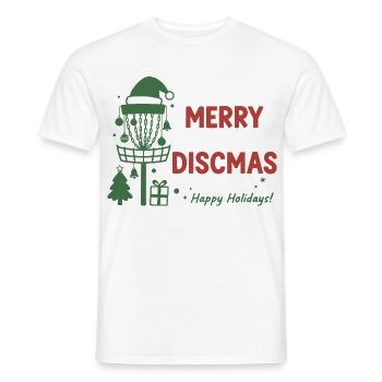 Merry Discmas Happy Holidays Disc Golf Basket - Men's T-Shirt - white - Front - AI Model Male 178 dark (178cm)