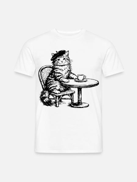 Katze mit Baskenmütze im Café Retro Design - Männer T-Shirt - Weiß
