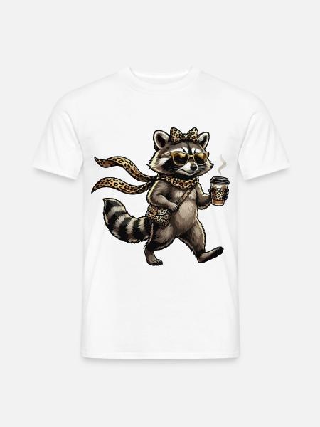 Waschbär Leopardenlook mit Kaffee - Männer T-Shirt - Weiß