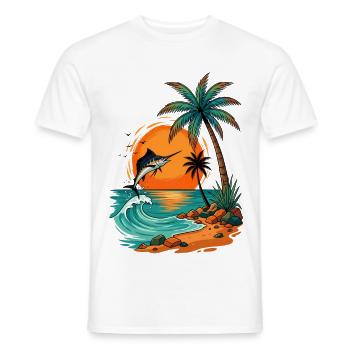 Jumping Fish at Tropical Sunset Palm Sea Beach - Men's T-Shirt - white - Front - AI Model Male 178 dark (178cm)