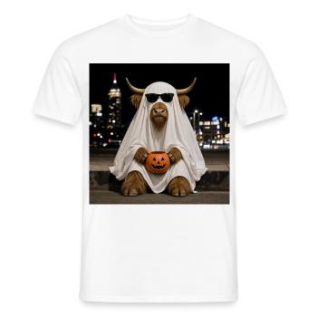 Highland Cow Halloween Ghost with Pumpkin T-Shirt - Men's T-Shirt - white - Front - AI Model Male 178 dark (178cm)