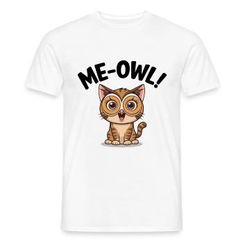 Me‑Owl – Cat Wearing Owl Mask Pun Cartoon - Men's T-Shirt - white - Front - AI Model Male 178 dark (178cm)
