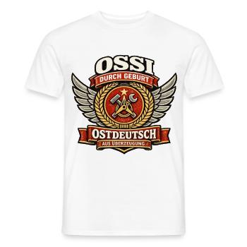 Ossi durch Geburt – Ostdeutsch aus Überzeugung - Männer T-Shirt - Weiß - Vorne - AI Model Male 178 dark (178cm)