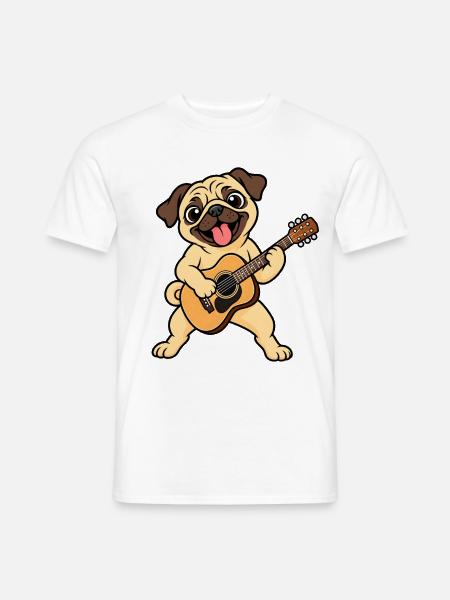 Süßer Mops mit Akustikgitarre - Männer T-Shirt - Weiß