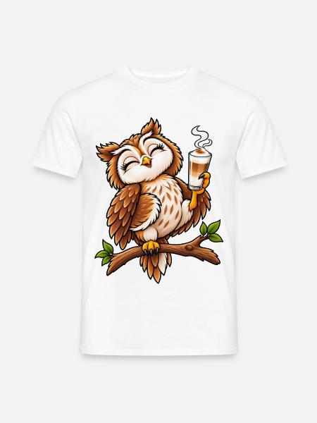 Süße Eule mit Latte Macchiato - Männer T-Shirt - Weiß