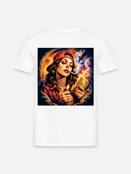 Flammende Dame mit Tattoo und Banknote - Männer T-Shirt - Weiß