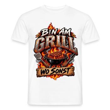 Bin am Grill – Wo sonst? BBQ Grillmeister Spruch - Männer T-Shirt - Weiß - Vorne - AI Model Male 178 dark (178cm)