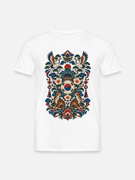 Südkorea | Tiger, Kraniche & Hanbok-Stil - Männer T-Shirt - Weiß