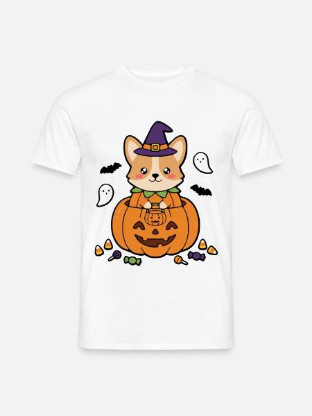 Süßes Kawaii-Corgi-Kürbis-Hexenhut-Halloween-Geschenk - Männer T-Shirt - Weiß