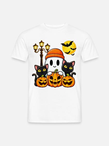 Süßer Halloween Geist mit Katzen und Kürbis - Männer T-Shirt - Weiß