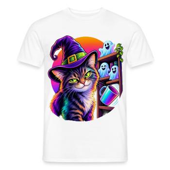 Halloween Katze mit Hexenhut und kippendem Objekt - Männer T-Shirt - Weiß - Vorne - AI Model Male 178 dark (178cm)