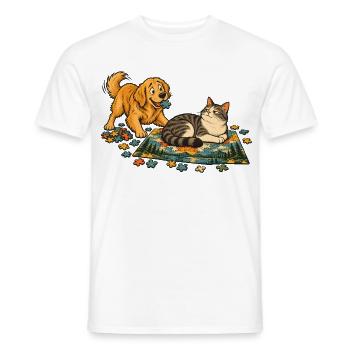Golden Retriever und Katze puzzeln zusammen - Männer T-Shirt - Weiß - Vorne - AI Model Male 178 dark (178cm)